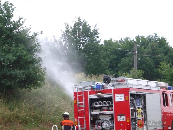 Bild 6 von 19 4. Einsatz: Bahndammbrand - Mit Monitor (Wasserwerfer auf dem Dach) und Schnellangriff wird der Bahndamm bew&auml;ssert. (Auf dem Bild ist der Nebel vom Strahrohr zu sehen)